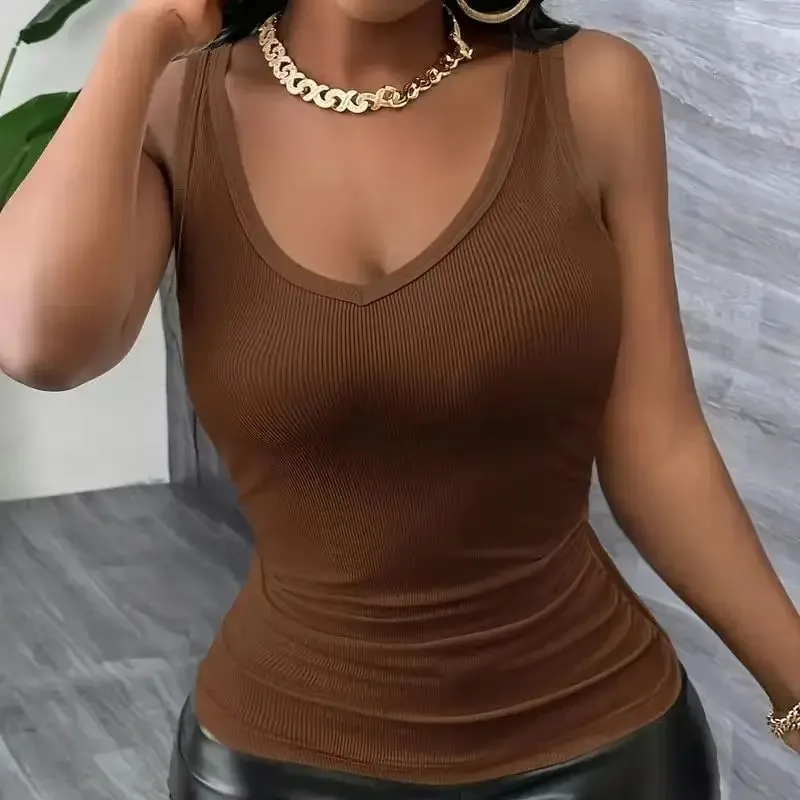 Women's Fashion V-Neck Strap Vest Solid Color Side Pleated Elastic Slim Fit Versatile Vest 2026 Style — image 8