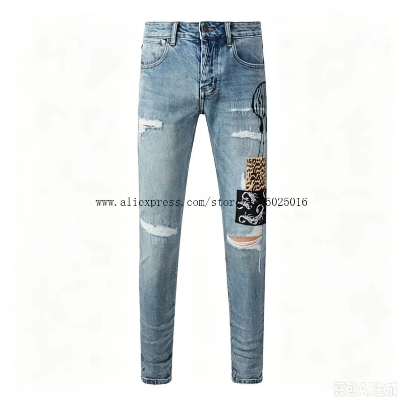 Luxury Streetwear Men's Jeans Americans Style Holes Long Trousers Quality Male Stretch Slim Pants Skinny Trousers — image 7