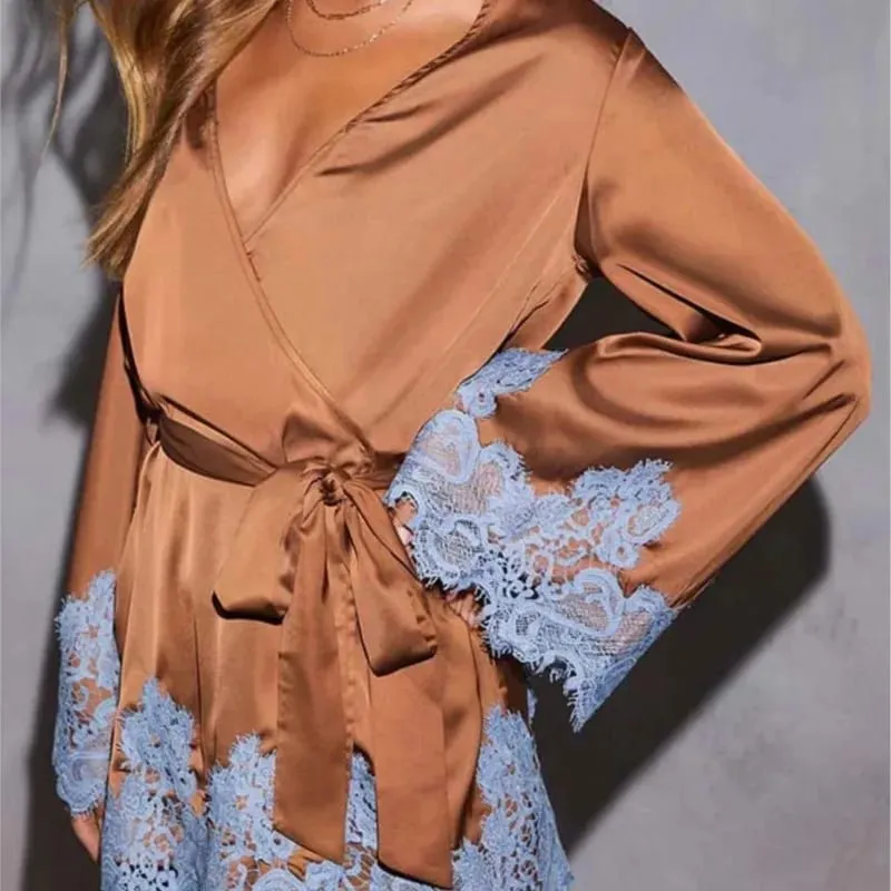 Sexy Chic Brown Lace Satin Womens Dress Spring Deep V Neck Hollow Mini Dress Autumn Long Sleeve Sashes Homewear Night Gown — image 7