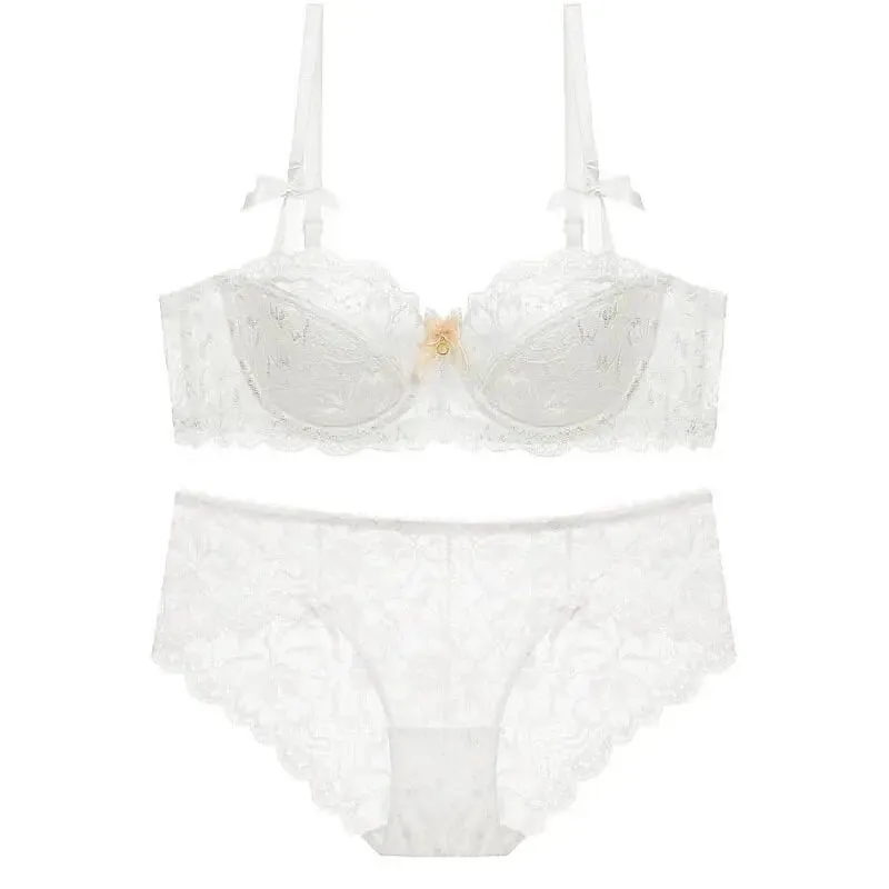 Best Sellers Women Sexy Lace Half Cup Bra Set Soft Underwire Gathered Thin Push Up Elegant Exquisite Lace Comfort Lingerie Set