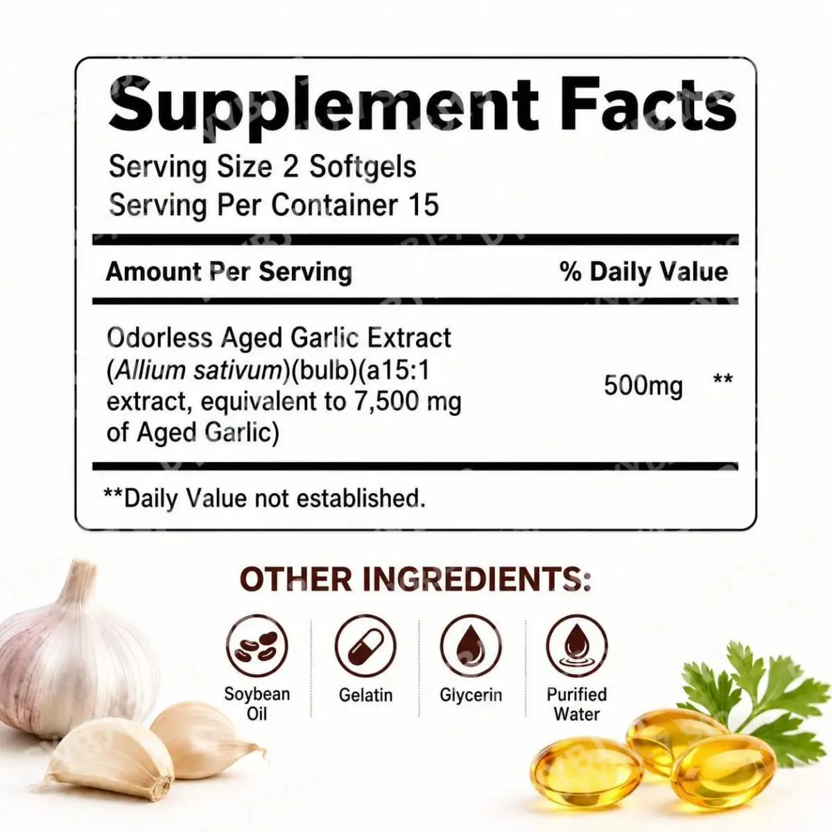 Odorless Aged Garlic Extract 7500mg Equivalent Softgels 30 Count Daily Garlic Supplement Heart & General Wellness Support