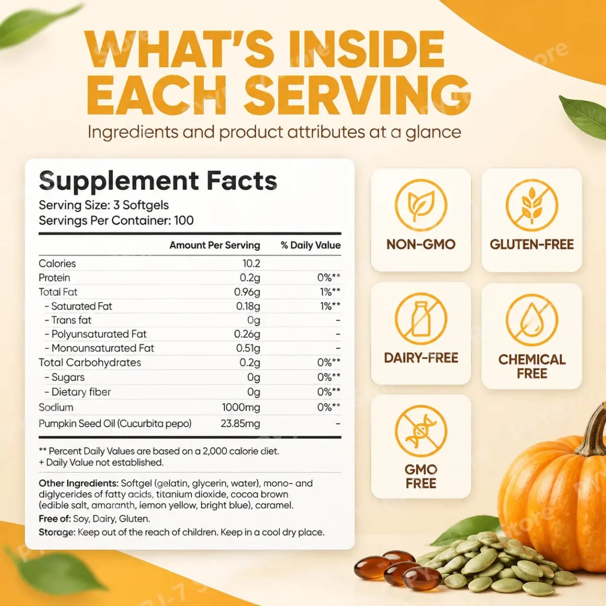 Pumpkin Seed Oil Capsules Cold Pressed Pure Virgin Oil Essential Fatty Acids Phytosterols 300 Softgels Supports Hair Non GMO