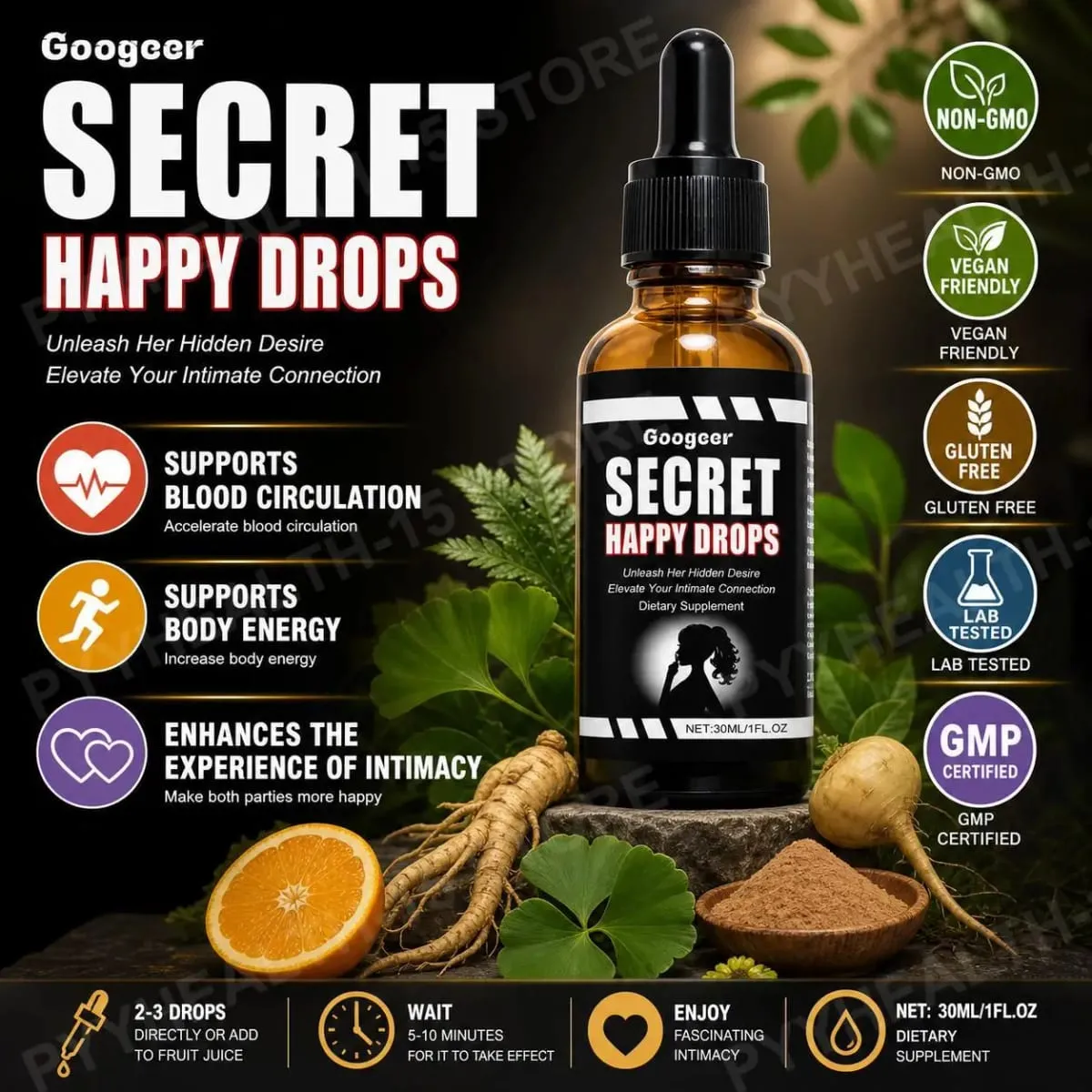 Googeer Secret Happy Drops Oral Drops Herbal Epimedium Maca Root Ginseng Ginkgo Biloba Support Blood Circulation Intimacy 30 ML