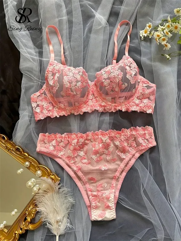 Lingerie velata a rete Abiti a due pezzi Set di biancheria intima floreale francese seducente Set di reggiseno e slip sexy con ricamo da donna — image 7