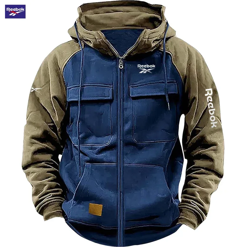 2026 Reebok New Autumn-Winter Men's Hooded Patchwork Casual Sweatshirt Loose-Fit Fashionable Youth Multi-Pocket Padded Hoodie