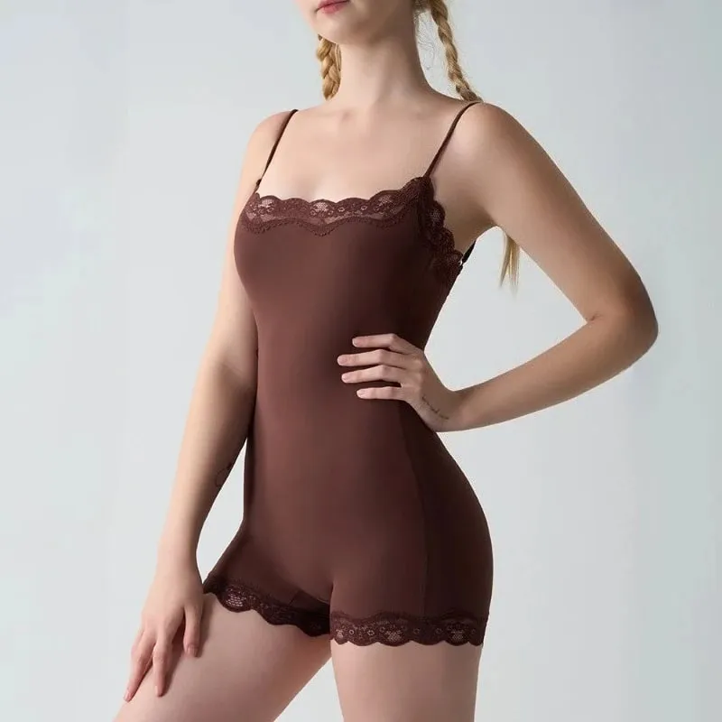 Square Neck Spaghetti Strap Bodysuits Lace Trim Women Sleeveless Slimming Bodycon Jumpsuit Romper — image 5