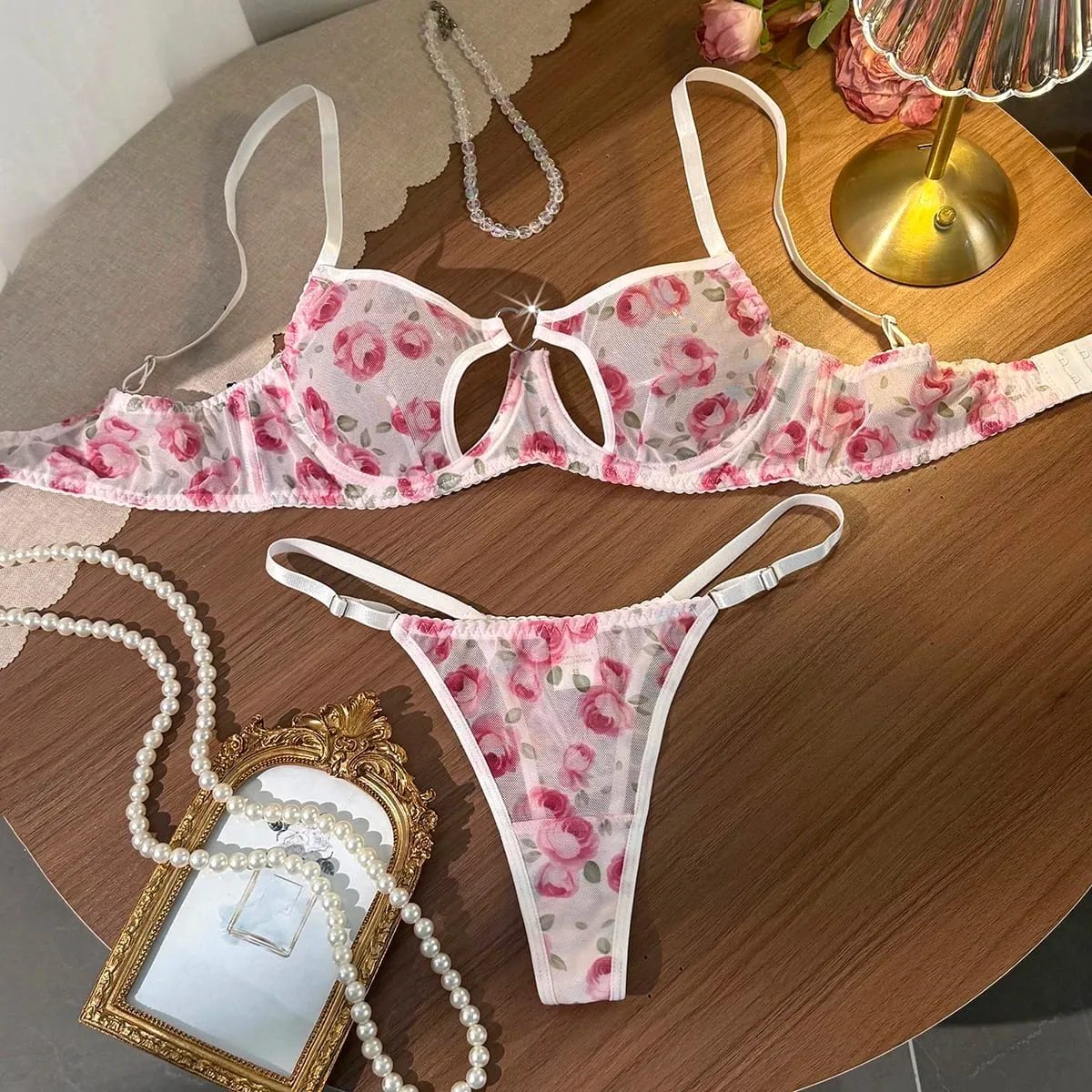 French Romantic Pink Rose Print Sheer Mesh Lingerie Set Heart Cutout Underwire Bra & Thong — image 6