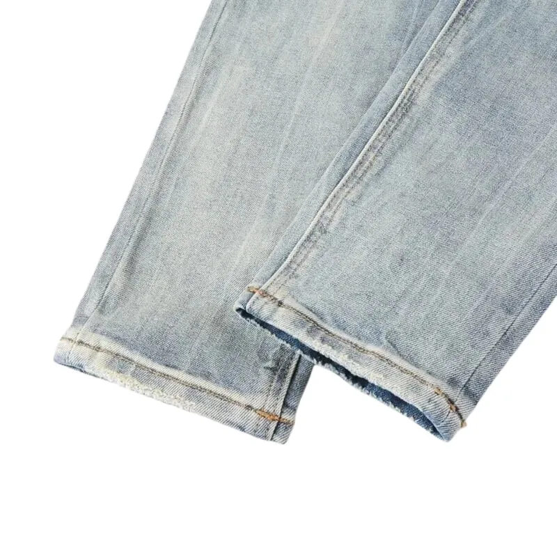 Men's High Street Light Blue Washed Distressed Denim Jeans With Embroidered Letter Motif Button Fly Suitable For All‑Season Wear