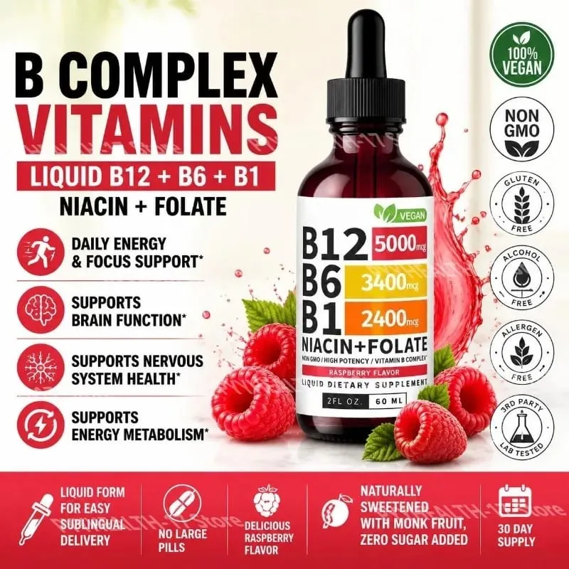 B12 B6 B1 Niacin Folate Liquid Sublingual Vegan B-Complex Drops for Daily Energy and Focus Support Raspberry for Men Women 60 ML — image 2