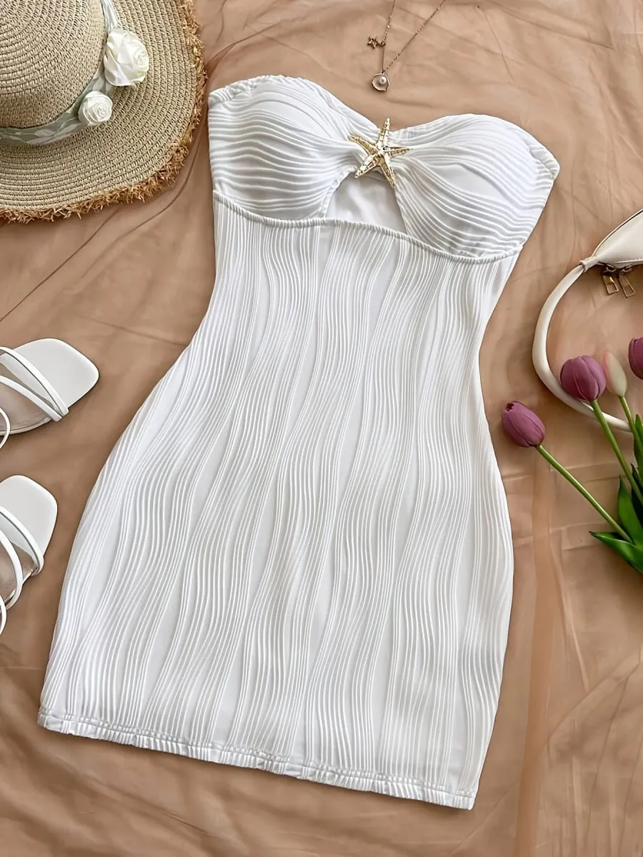 Women's Summer Sexy Party Date Beach Dress Texture Hollow out Mini Skirt with Metal Starfish Decoration Fitted And Attractive Wh