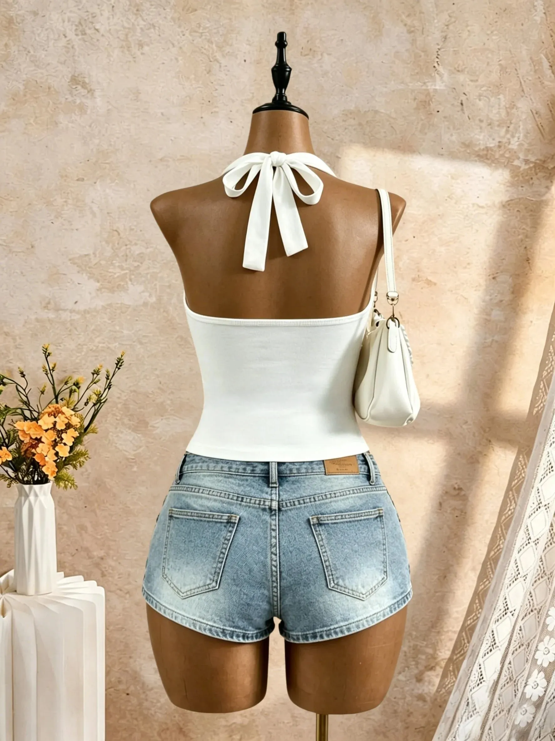 Women Halter Deep V Neck Wrap Front Side Ruched Waist Sleeveless Crop Cami Top Solid White Slim Fit Summer Beach Vacation Casual