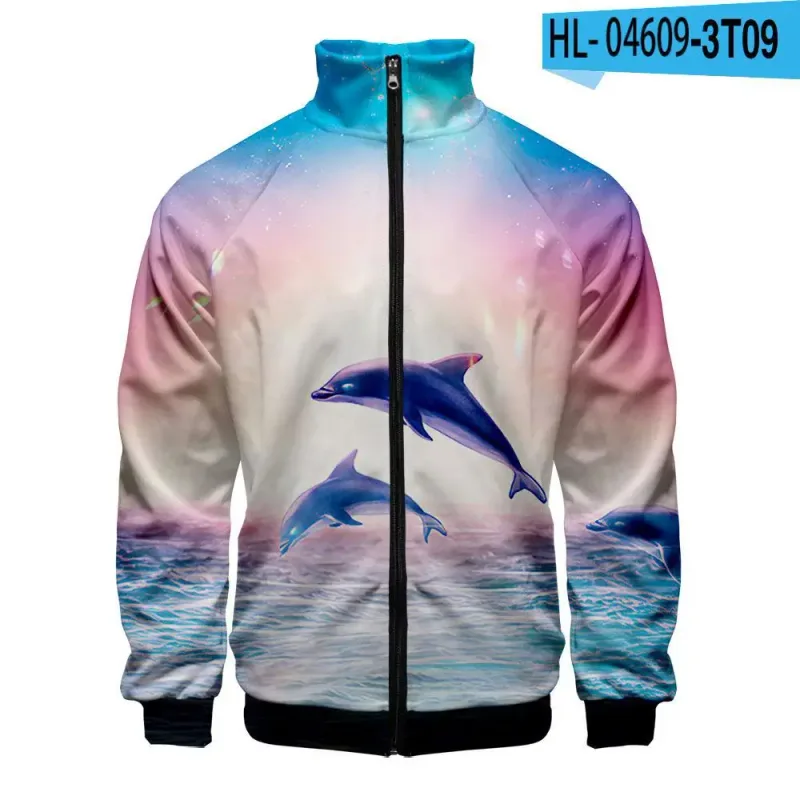 Harajuku Popular Novelty dolphin 3D Print Zipper Raglan Jacket Windbreaker Boys/Girls Comfortable Stand Collar Jackets Coats