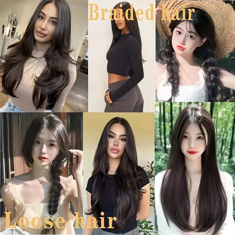 24Inch Synthetic Invisible Hair Extensions for Women Micro-Roll V-Shaped Design 4 Clips Enhance Hair Volume