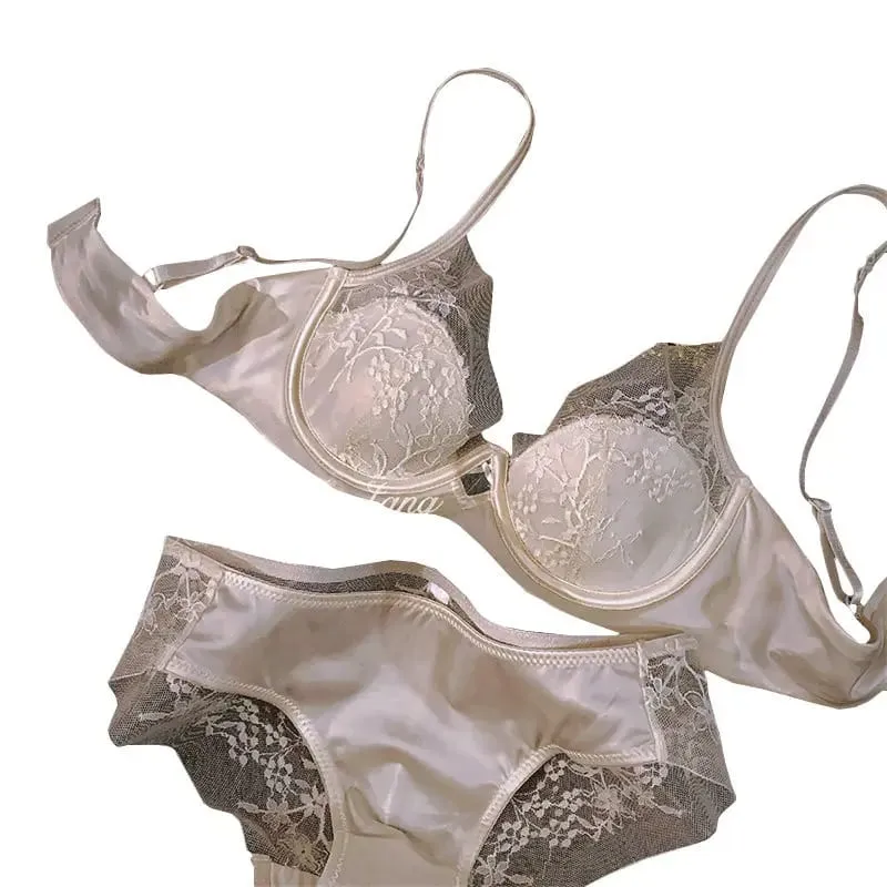 French Satin Lace Ladies Bra Set Push Up Anti Sagging Full Coverage Lingerie Soft Breathable Comfort Underwear Daily Use 32‑38AB