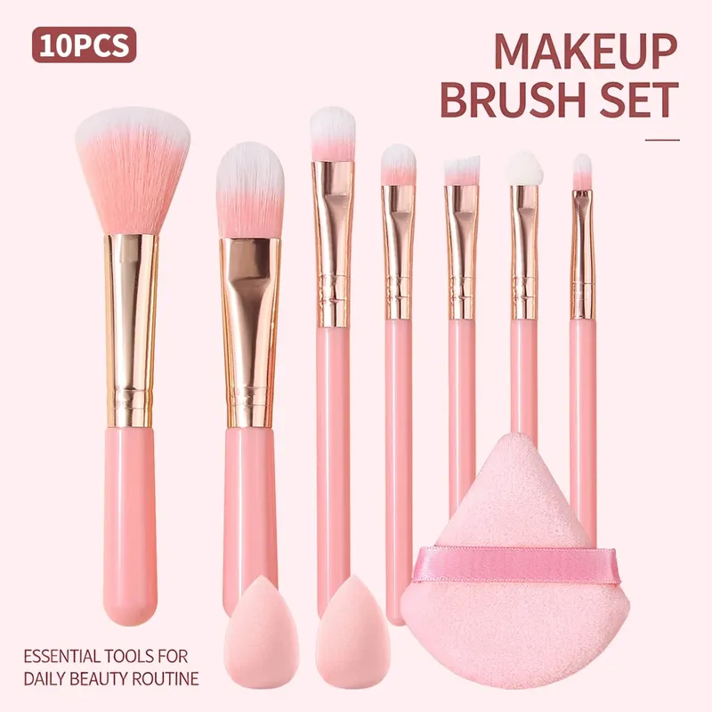 10Pcs Makeup Brush Set Soft Cosmetic Brushes Kit With Makeup Sponge Triangle Powder Puff For Face Eye Daily Beauty Makeup Tools