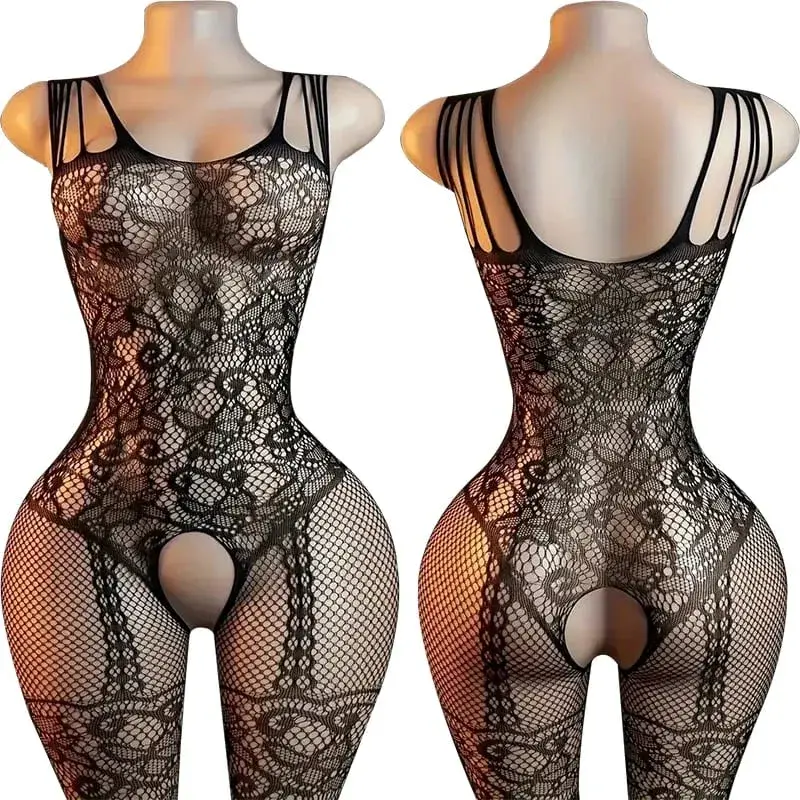 Black Fishnet Off-Shoulder Open-Crotch Bodystocking Lingerie Set Sexy Crotchless Teddy Bra Women's Erotic Underwear 2026 — image 12