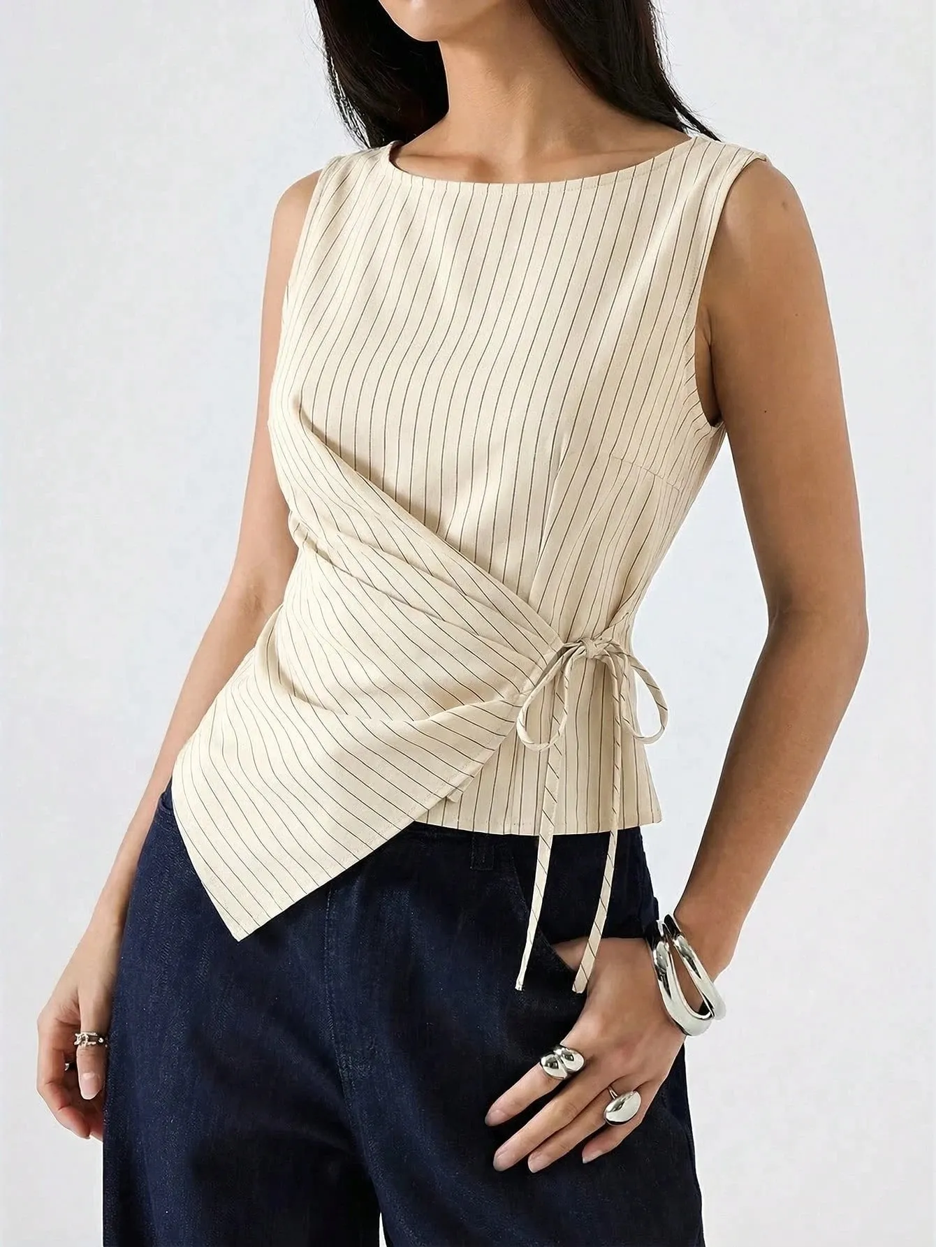 Women's Elegant Stripe Printing Slim Fit Side Tie-Strap Pleating Sleeveless Top Casual Asymmetry Hem Boat Tank Top Summer 2026