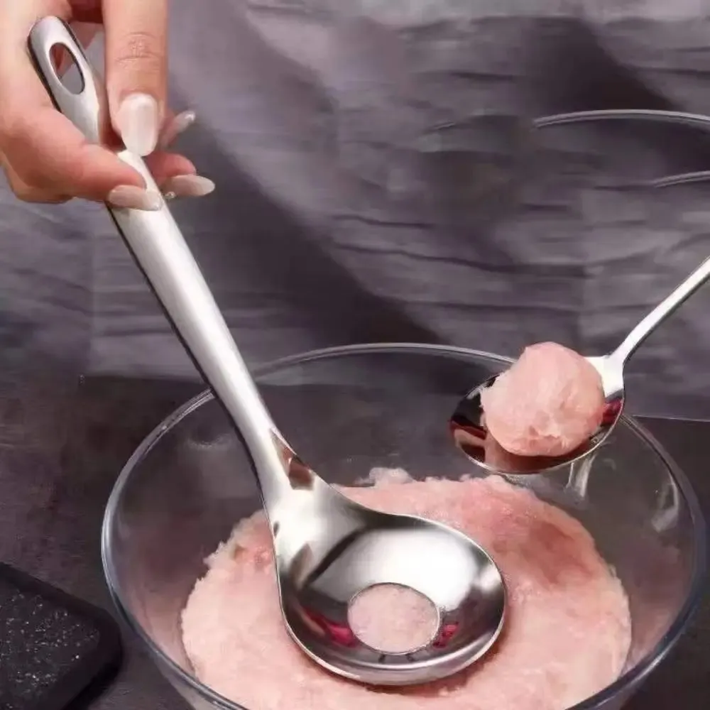 Stainless Steel Croquettes Meatball Spoon Mold with Round Hole Non-stick Meatball Maker Spoon Hangable Meat Press Tools Home Use — image 6