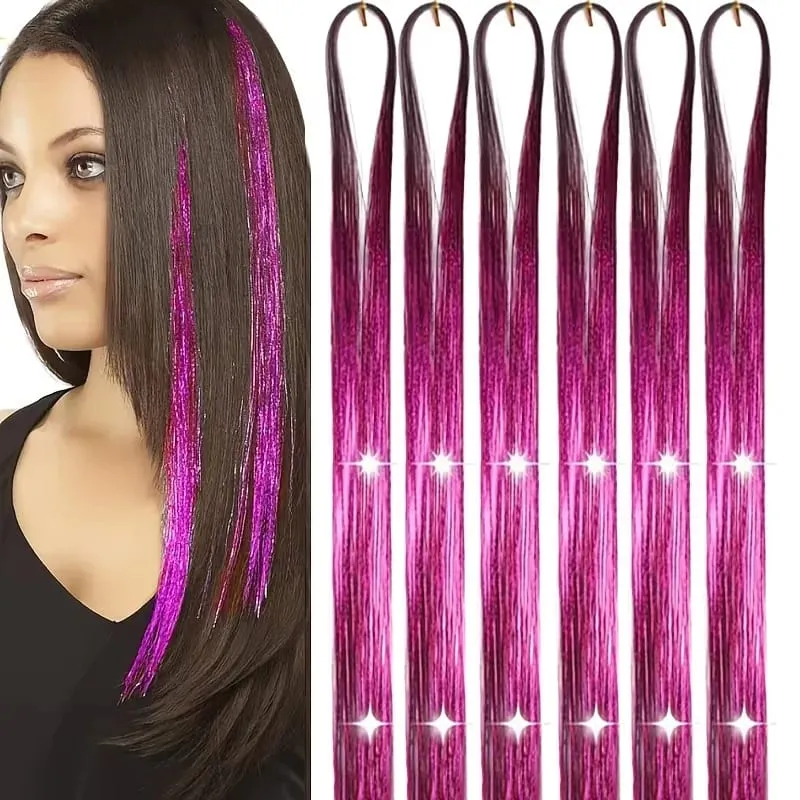 6pcs/set 38Inch Long Sparkling Fairy Hair Tinsel Rainbow Extensions Suitable for Braids Ponytails Shiny Strands Accessories