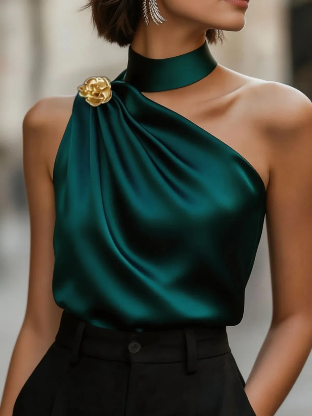 Chic Halter One Shoulder Satin Draped Dark Green Blouse Sleeveless Top For Party & Office Women — image 6