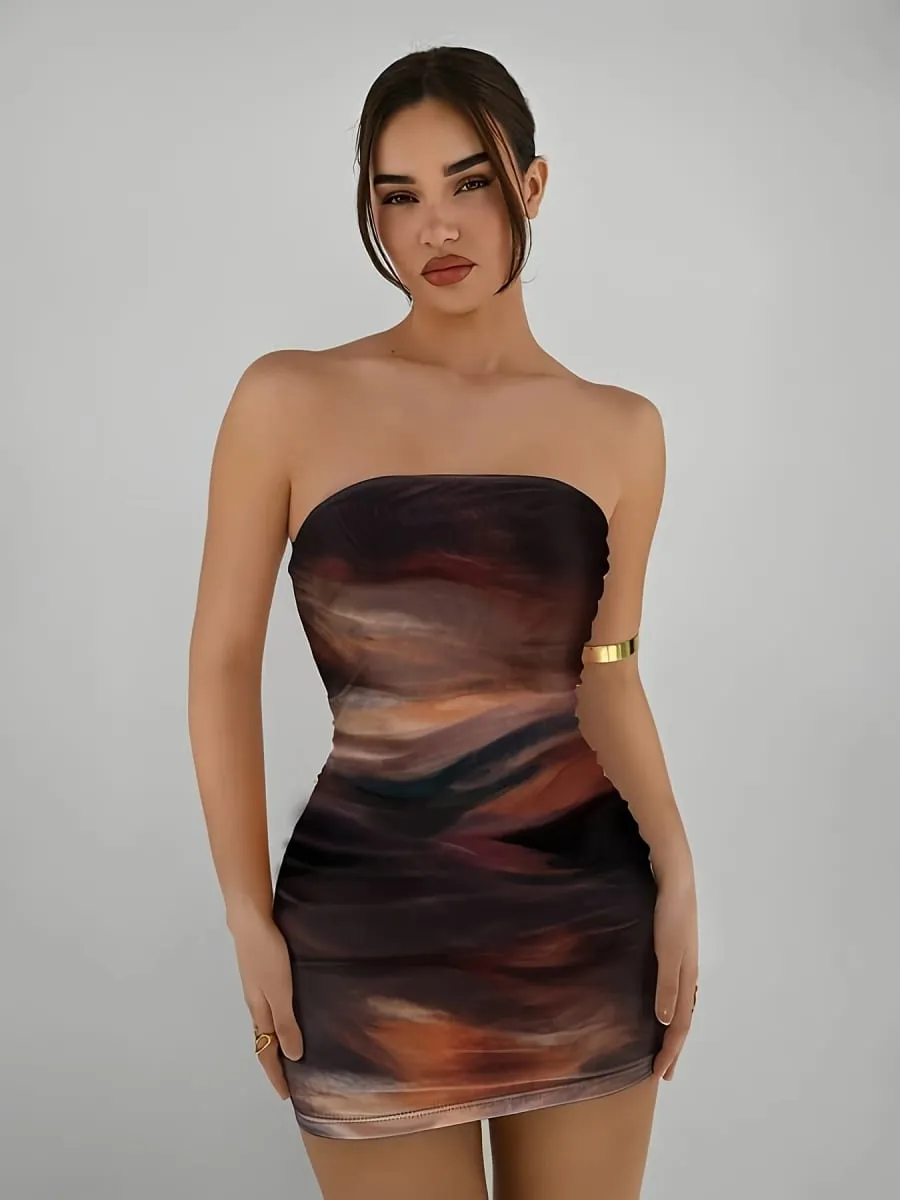 Minivestido elegante de punto con estampado degradado para mujer, vestido Sexy ajustado sin tirantes para primavera y verano, novedad de verano