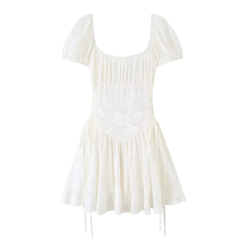 New 2026 Women Mini Dress Square Collar Puff Short Sleeve A Line Dresses Elegant Slim Fit Bandage Party Summer Clothing