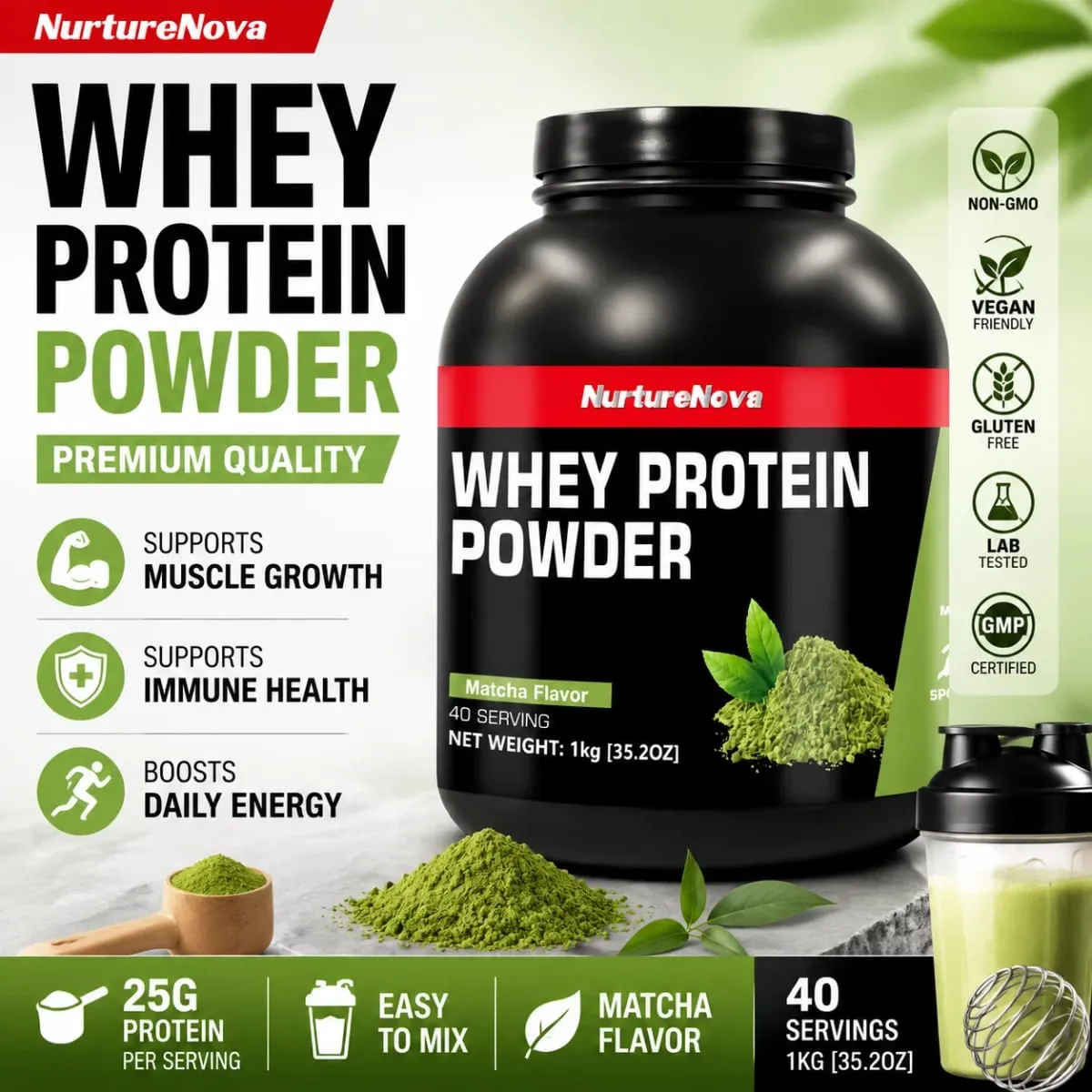 NurtureNova Whey Protein Powder 40 Porções Mistura de Bebida Proteica para Adultos Chocolate Matcha Sabor Morango Nutrição Diária — image 2
