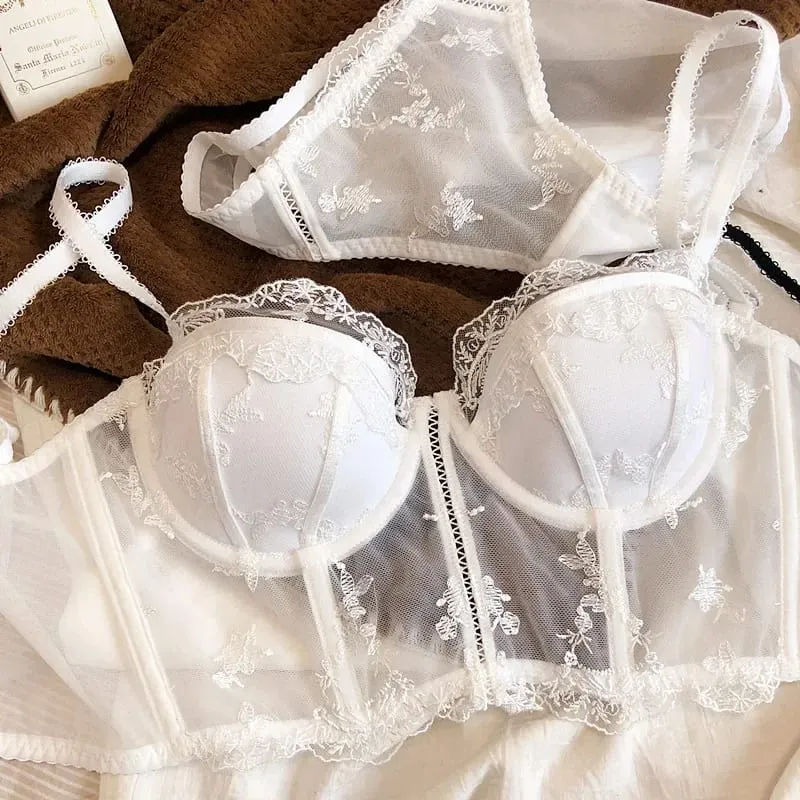 Retro Half Cup Embroidered Lace Bra & Panty Set Push Up Sexy Body Sculpting Lingerie
