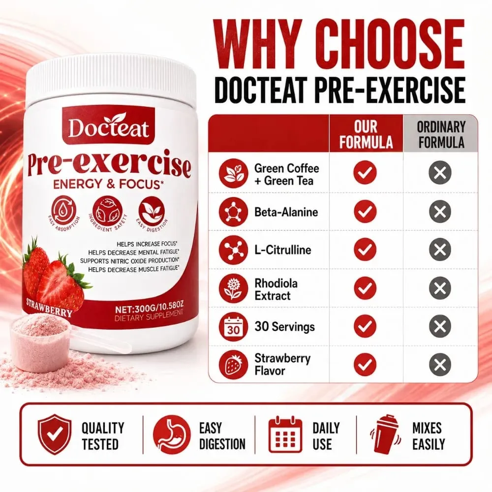 Docteat Pre Workout Powder Strawberry Energy & Focus Support Beta-Alanine L-Citrulline Rhodiola 300g 30 Servings Drink Mix