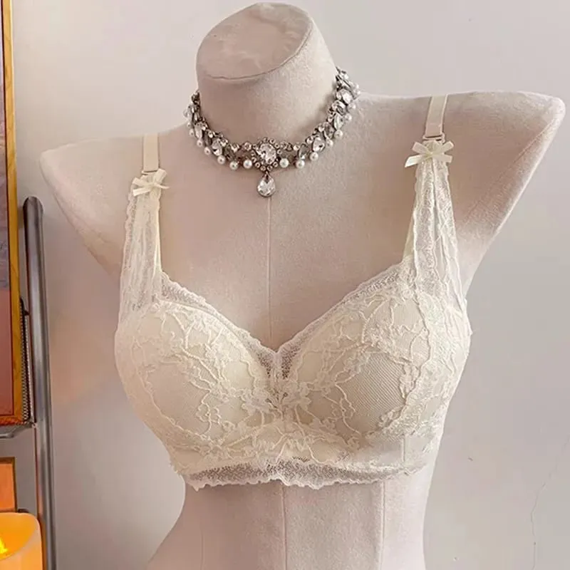 セクシーなBANERDANNI Halter Lace Bra Bow Soft Lace Fabric Padded Push Up Wireless Soft Innerwear Lingerie Small Bust All Day Comfort