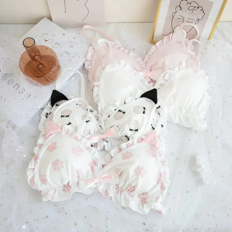 Nhật Bản Mềm Mại Bé Gái Bộ Áo Ngực Dễ Thương Mèo Con Paw Thiết Kế Vải Lụa Sữa Không Dây Tam Giác Cúp Quần Lót Nữ