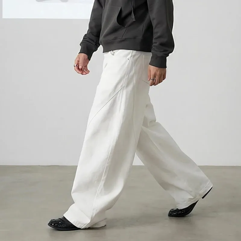Spring American Style Double Waistband Deconstructed Men's Boot Cut White Jeans Trendy Loose Wide Leg Denim Pants 9X2187