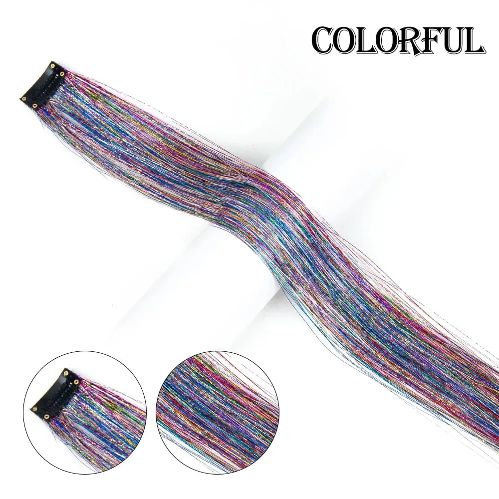 Straight Rainbow Colored Party Highlights Clip On In Hair Extensions Bling Hair Piece Synthetic Hairpieces Sparkling Tinsel Red