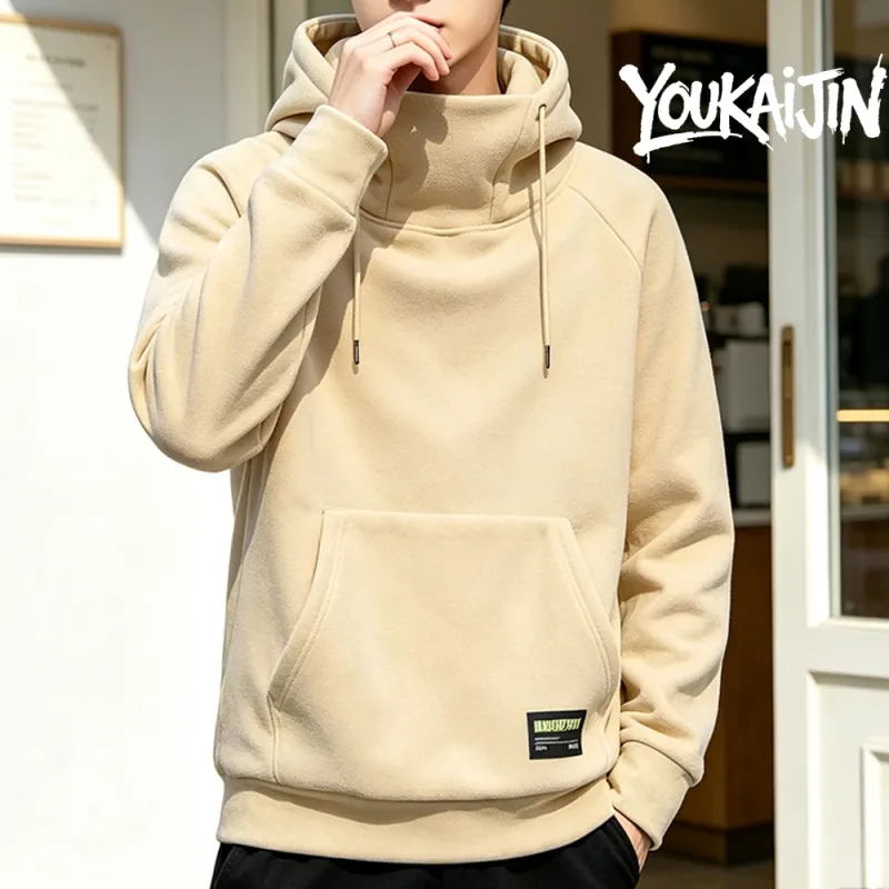 Men's Polar Fleece Sweatshirt Solid Color Street Style Autumn Winter Hood Sports Windproof Oversized High Collar Hoodie 5XL — image 13