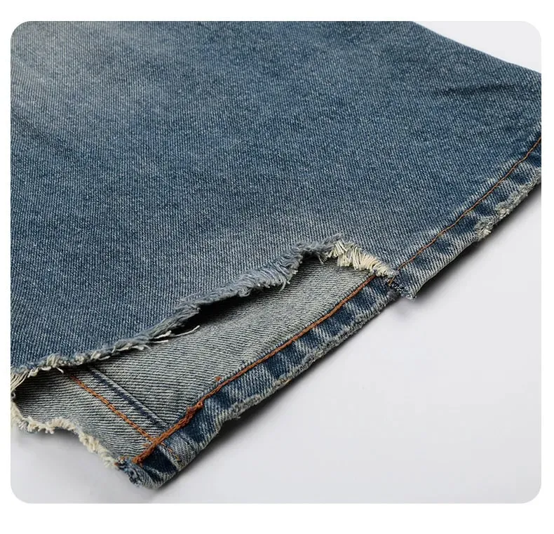 Retro Men's Washed Blue Jeans Distressed Straight Leg High Waist Loose Casual Wide Leg Denim Long Pants Fashion New 9X3258