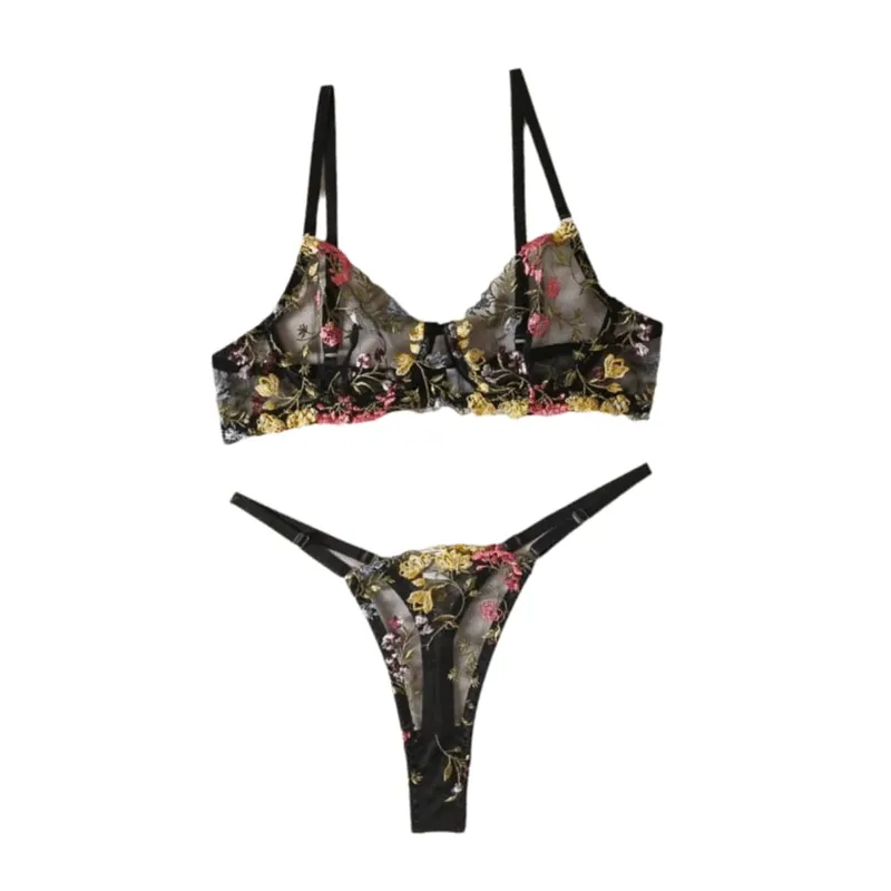Sheer Intimates Transparent Lingerie Set Push Up Elegant Embroidery Floral Underwear Ultra-thin Panties Bra Set Lady