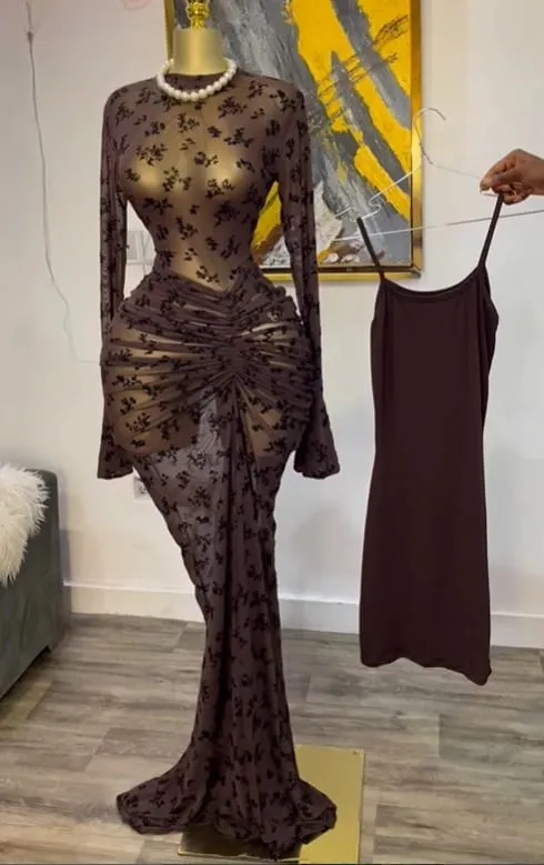 CM.YAYA Women Long Sleeve Stacked Mesh See Though with Lining Bodycon Long Dress 2025 Autumn Evening Birthday Sexy Party Dresses — image 5
