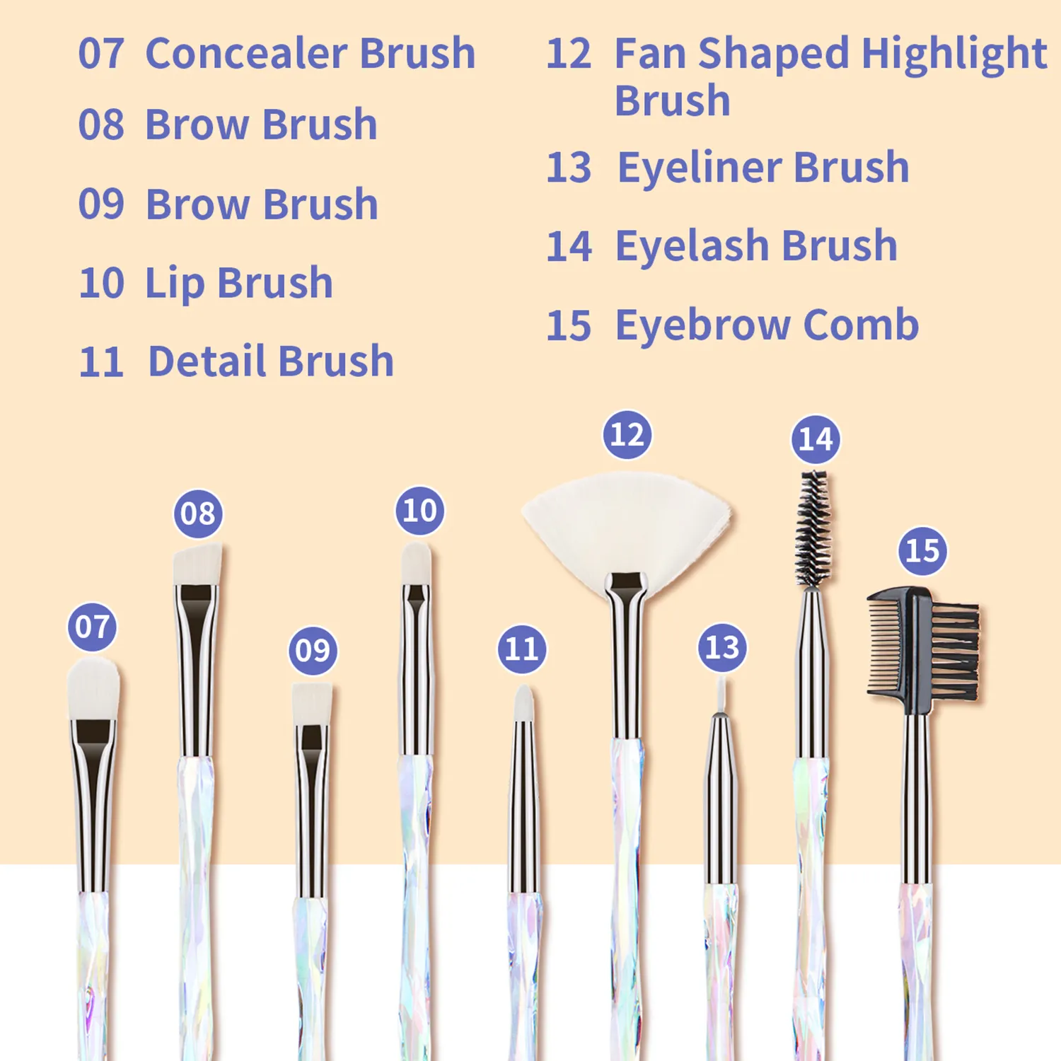 Professional 15Pcs Makeup Brushes Kit Dense Soft Bristle Crystal Handle Face Eye Cosmetic Brushes For Beginner Daily Makeup
