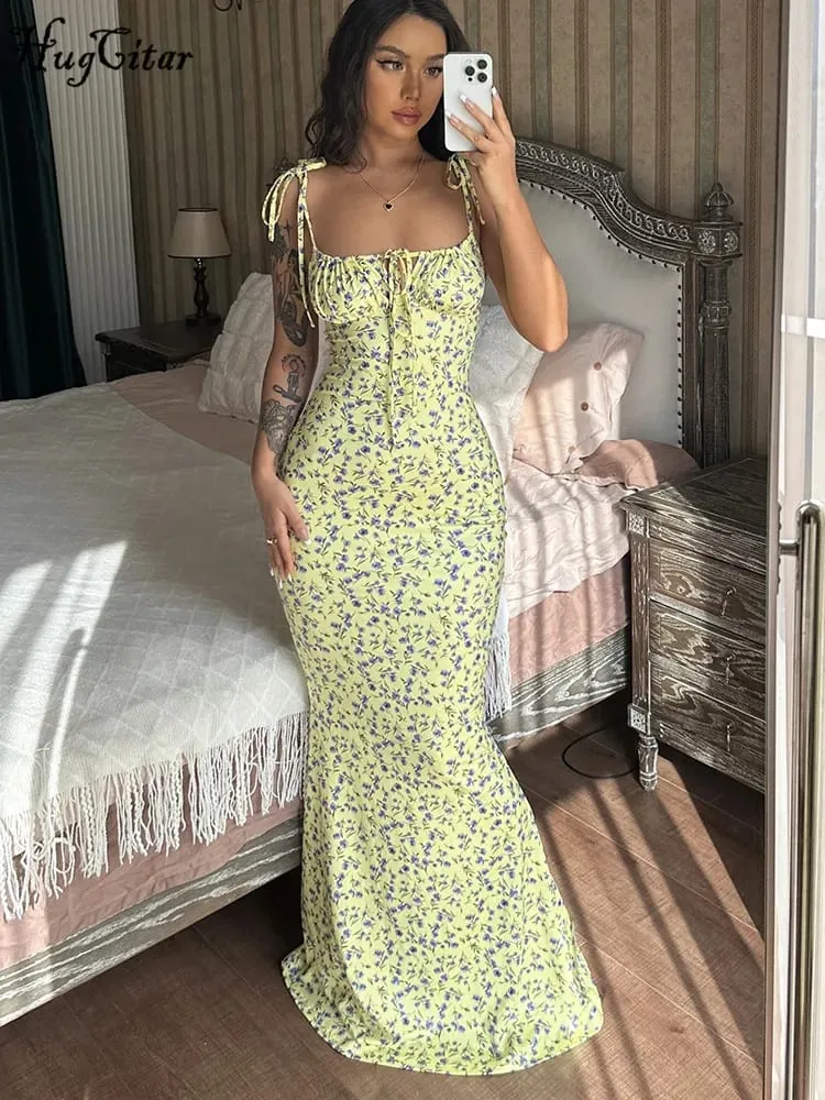 Hugcitar Blumendruck, ärmellos, rückenfrei, Slips, Schnürung, Maxikleid, sexy, figurbetont, Sommer, elegante Outfits, Urlaub, Party, Großhandel — image 5