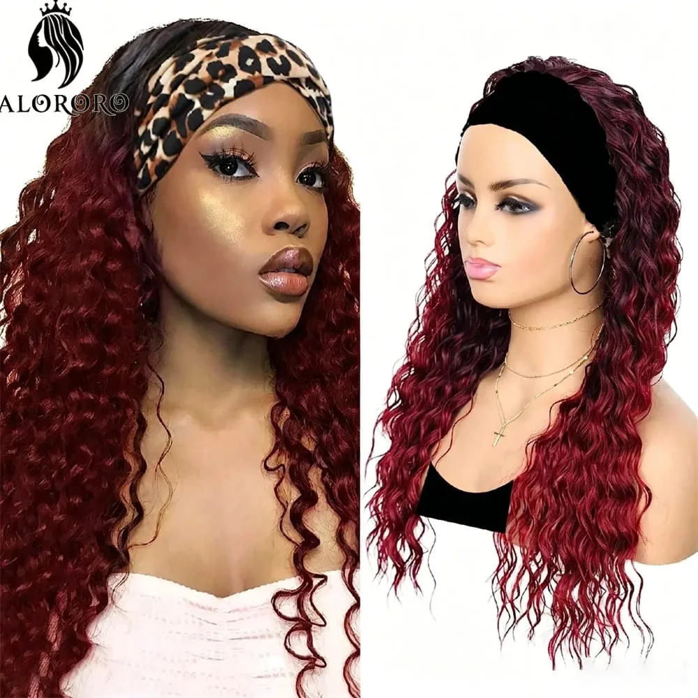 26 Inch Natural Black Deep Wave Headband Wig Easy to Wear Heat Resistant Synthetic Hair Natural Looking Soft Thick for Women