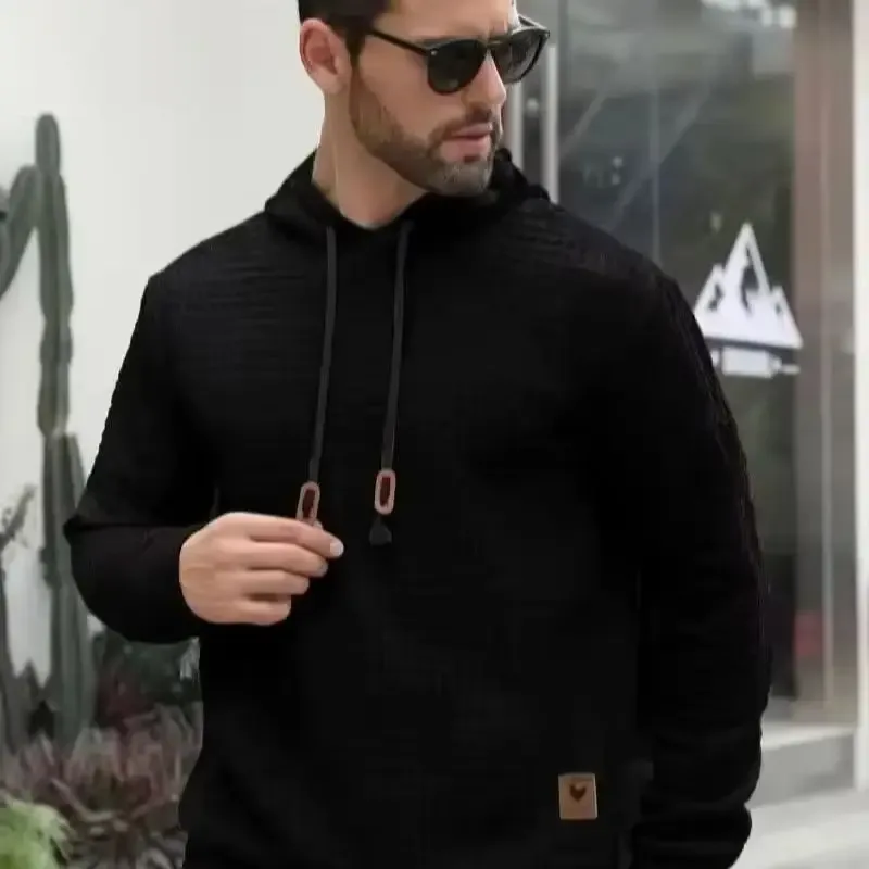 Men's Autumn Winter Jacquard Plaid Hoodie Long Sleeve Casual Pullover Fitness Running Sports Hooded Jacket Activewear Sweatshirt — image 9
