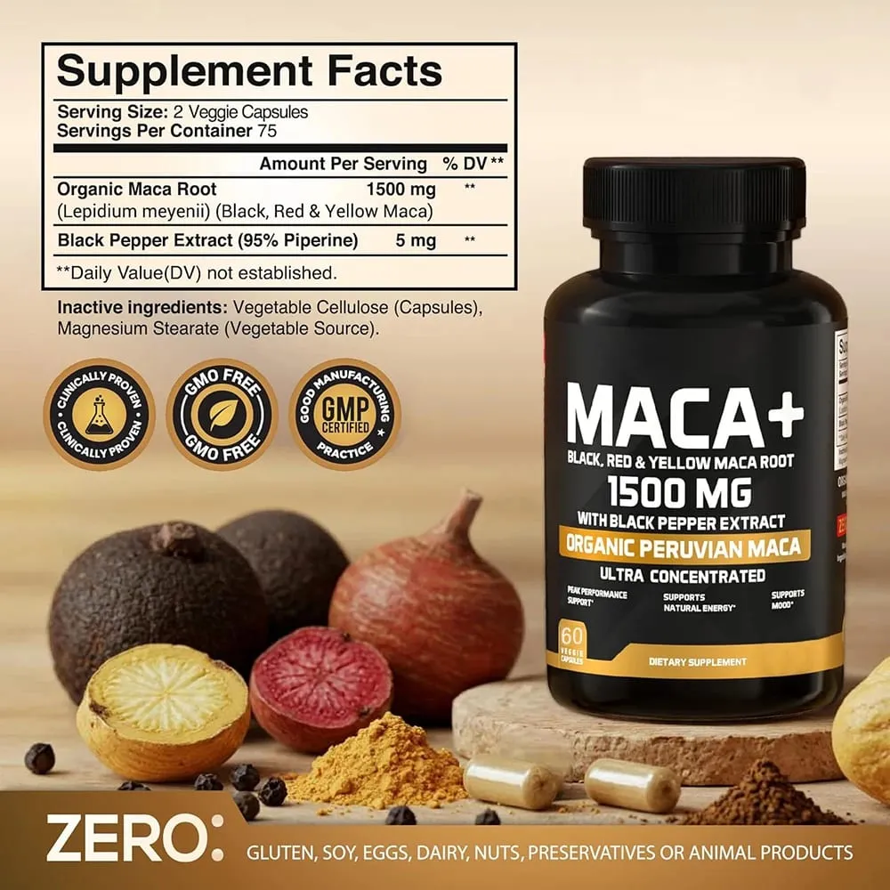 1500mg Organic Maca Root Black Red & Yellow - 60 Capsules - Black Maca Root Capsules for Men Supplement - Non-GMO Gluten-Free
