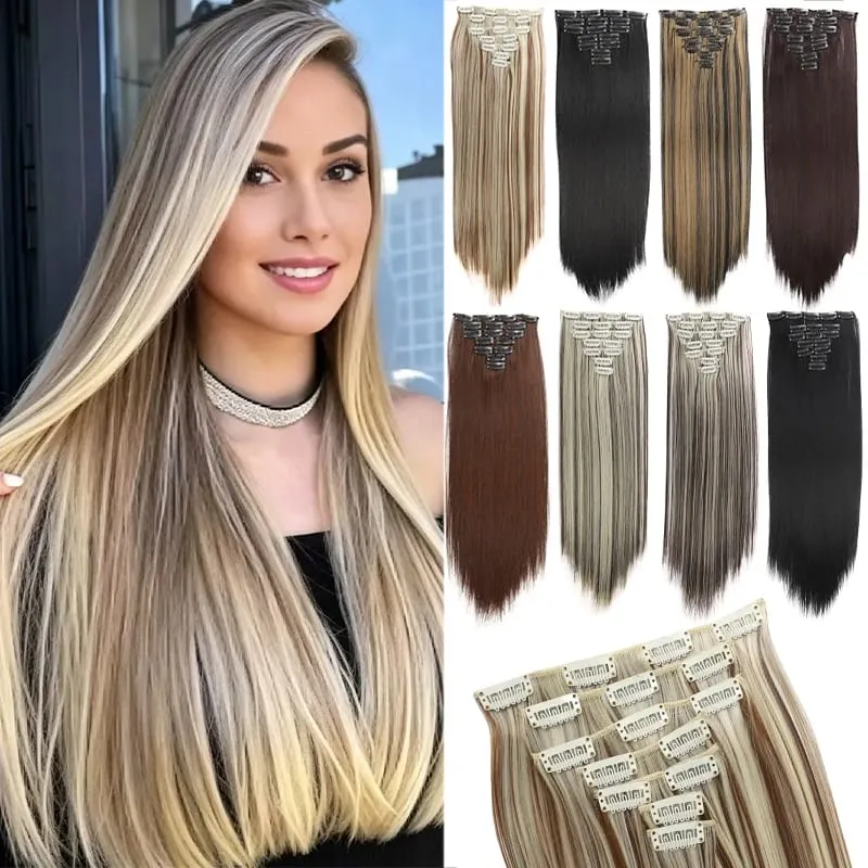 Synthetic 7-piece set with 16 card synthetic straight hair extensions suitable for women's daily party use — image 2
