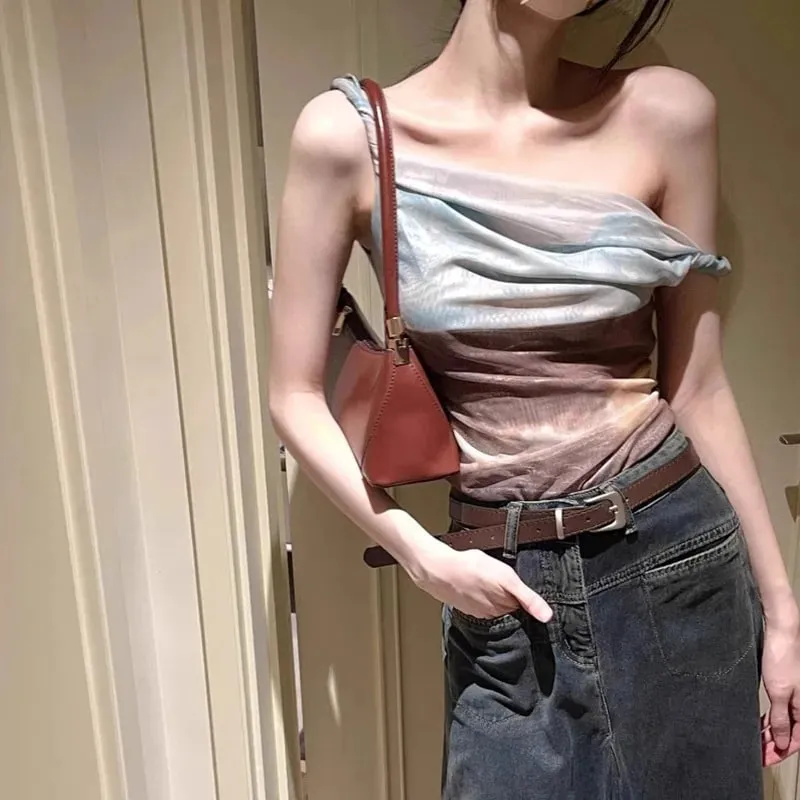 Irregular Net Strap Dyed Off-Shoulder Top for Women Summer American Print Vest Fashionable Versatile Sexy Fitted Short Style — image 5