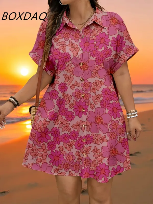 Short Sleeve Flower Pattern Fashion Women Mini Dresses Summer 3D Printed Street Elegant Casual Ladies Shirt Dress Plus Size 3XL