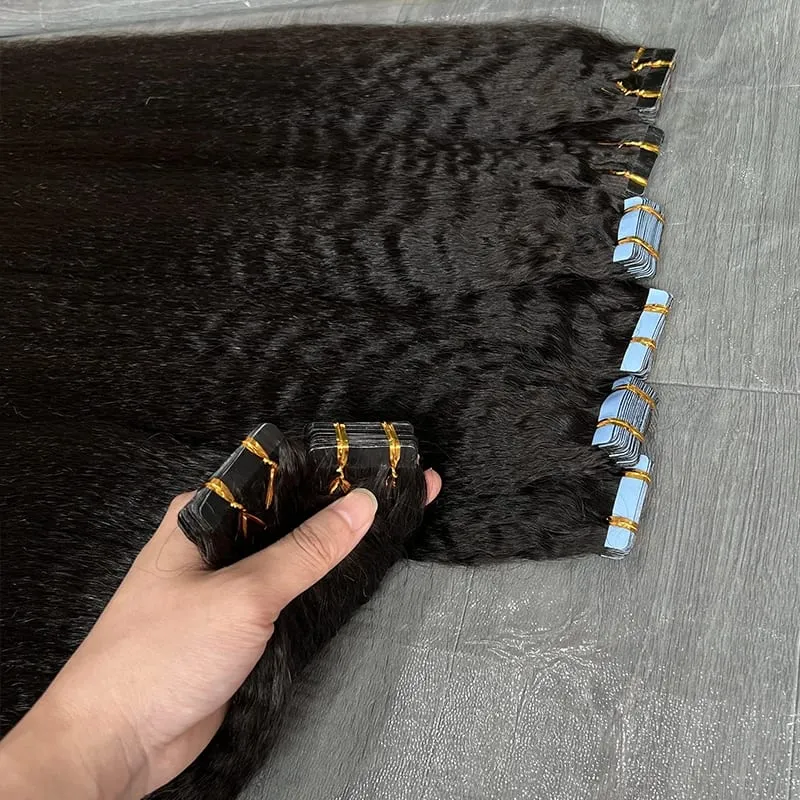 Kinky Straight Invisible Tape In Hair Extensions 100% Raw Virgin Human Hair Adhesive Seamless PU Skin Weft Full Head 40pcs