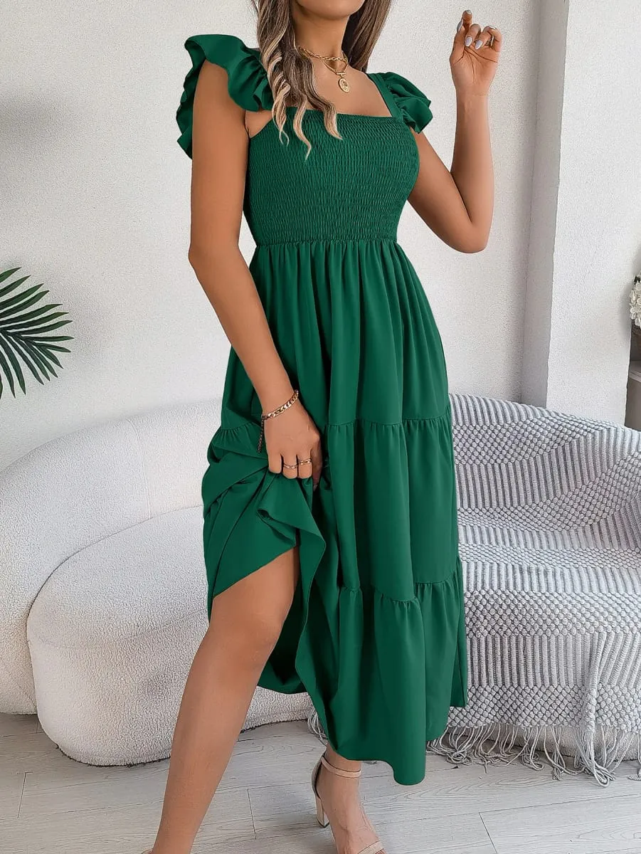 Msfilia Solid Sleeveless Square Collar A-Line Cinched Pleated Long Dress Women's Spring Summer Long Dresses