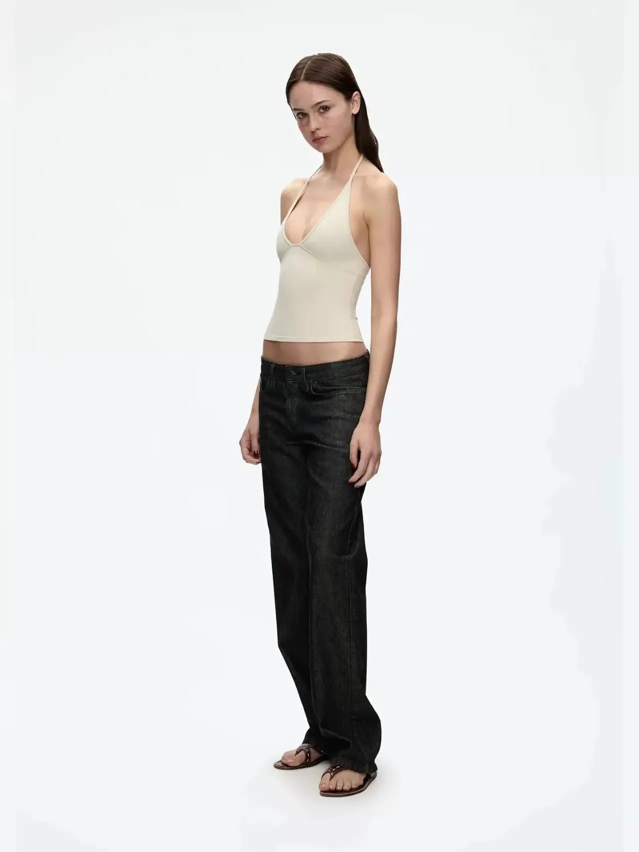 Tank Vest Deep V Halter Solid Color Basic Sleeveless Top Soil Brown Camisole