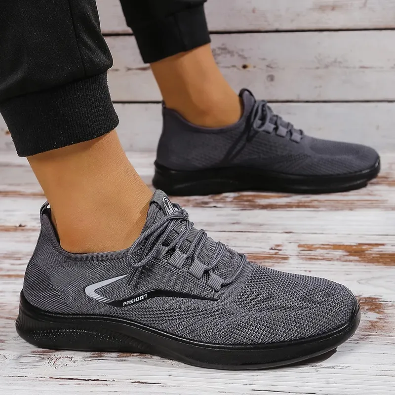Men Breathable Knitted Running Shoes Anti Slip Trainers Arch Support Shock Absorbing EVA Sole Low Top Lace Up Sports Footwear