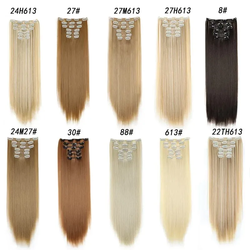 Black Hair Extensions 24"/60cm 6pcs/set Women Long Straight Synthetic Full Head Clip 16 Clips Ombre Heat Resistant Fiber Hair